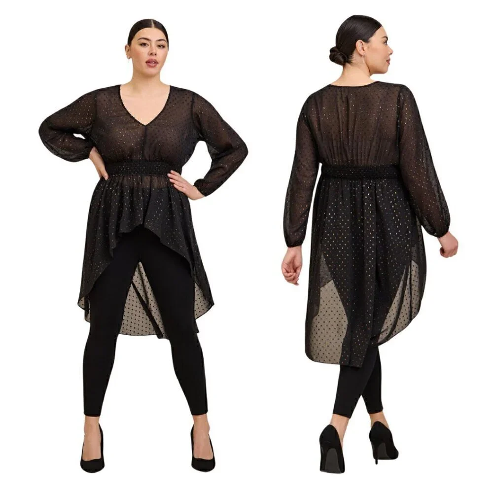 Torrid NWT Chiffon Rainbow Clip Dot Top Black 3X Whimsigoth Semi-Sheer Shirt - Picture 3 of 12